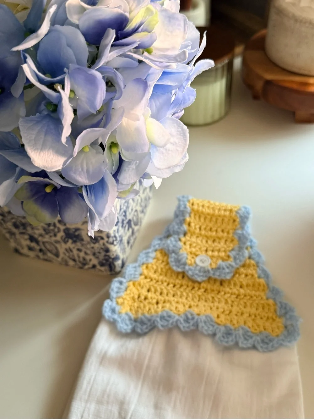 Handmade Yellow & Blue Crochet Top Kitchen Towel - Fresh Limoncello